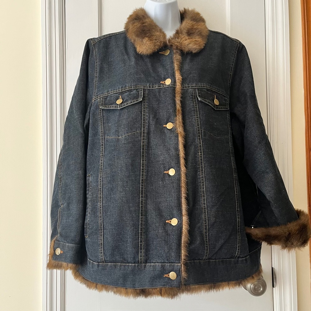 Denim Jacket Faux Fur Lined Women's Blue Flaws Outdoors Y2K Classic Western
